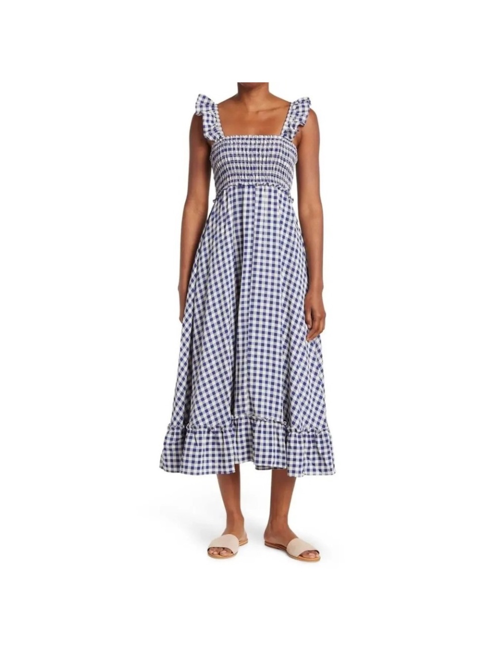 NWT Max Studio Blue & White Gingham Smocked Ruffle Midi Dress XS